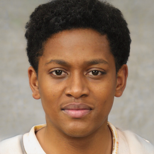 Neutral black young-adult female with short  black hair and brown eyes