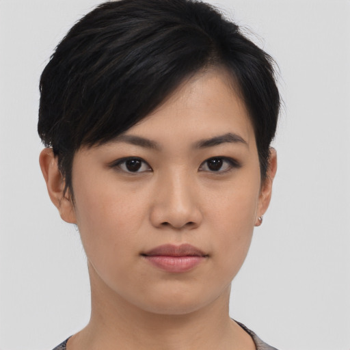 Neutral asian young-adult female with short  black hair and brown eyes