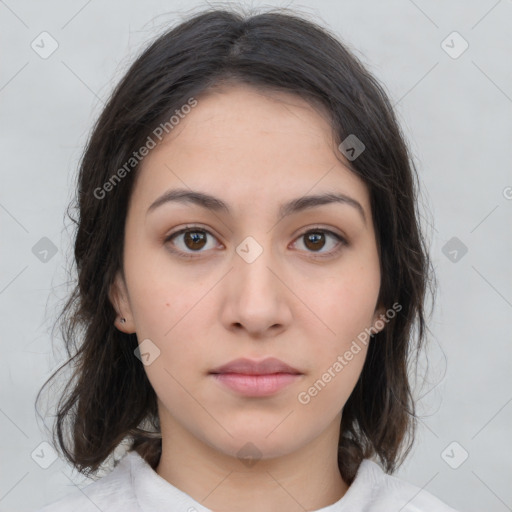 Neutral white young-adult female with medium  brown hair and brown eyes