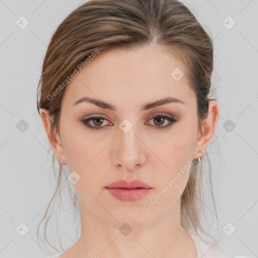 Neutral white young-adult female with medium  brown hair and brown eyes