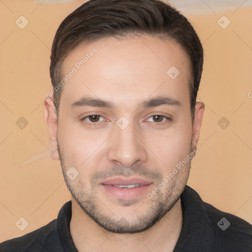 Joyful white young-adult male with short  brown hair and brown eyes