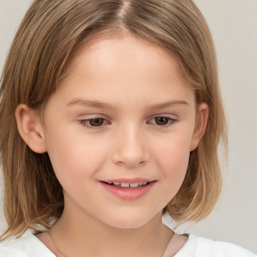 Joyful white child female with medium  brown hair and brown eyes