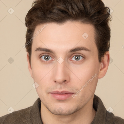 Neutral white young-adult male with short  brown hair and brown eyes