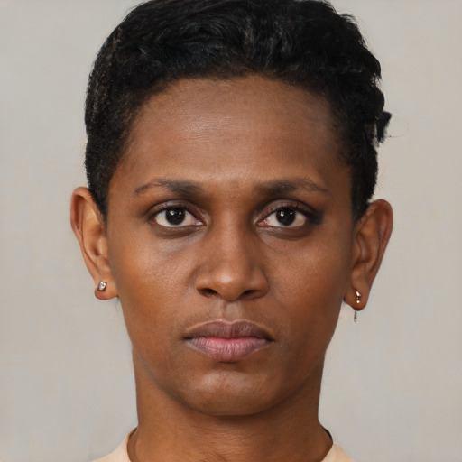 Neutral black young-adult female with short  black hair and brown eyes