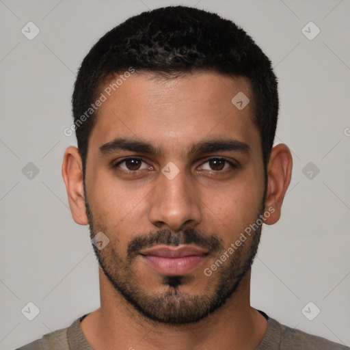 Neutral latino young-adult male with short  black hair and brown eyes