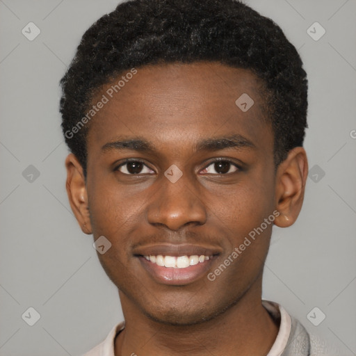 Joyful black young-adult male with short  brown hair and brown eyes