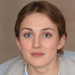 Neutral white young-adult female with medium  brown hair and blue eyes