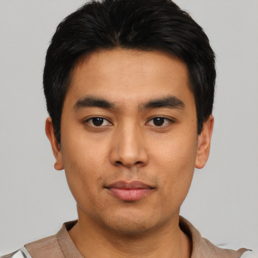 Neutral asian young-adult male with short  black hair and brown eyes