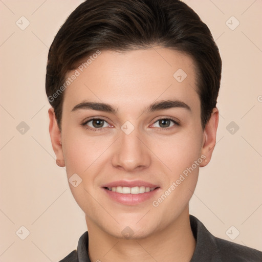 Joyful white young-adult female with short  brown hair and brown eyes