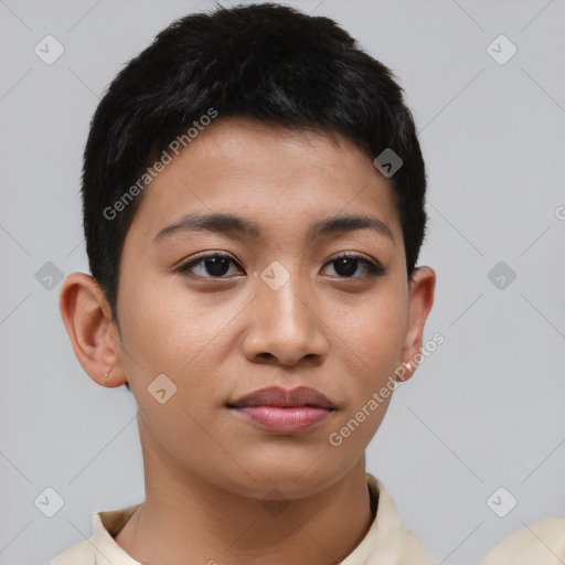 Joyful asian young-adult female with short  black hair and brown eyes