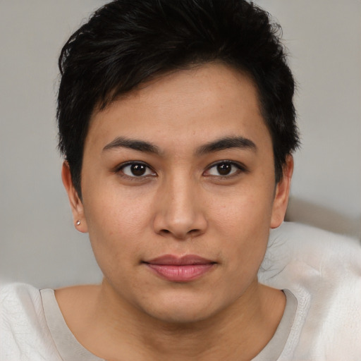 Neutral asian young-adult female with short  black hair and brown eyes