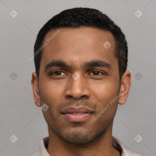Neutral latino young-adult male with short  black hair and brown eyes