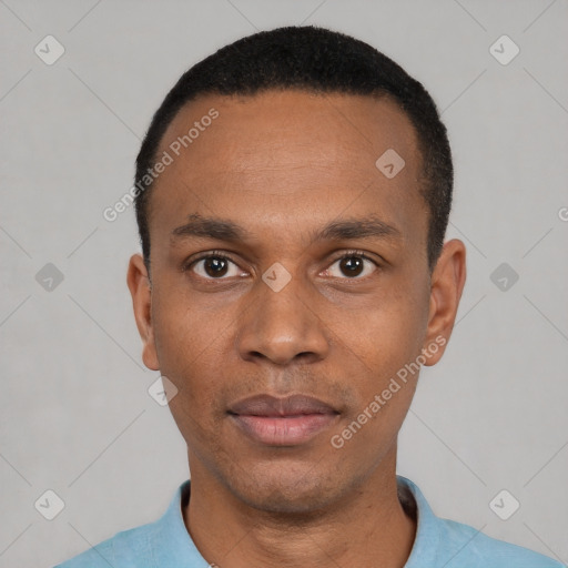 Neutral black young-adult male with short  black hair and brown eyes
