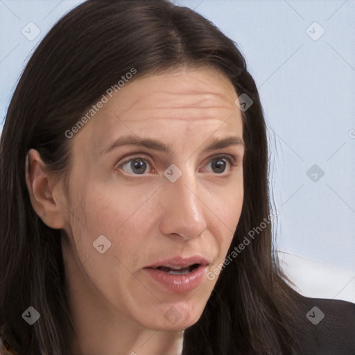 Neutral white adult female with long  brown hair and brown eyes