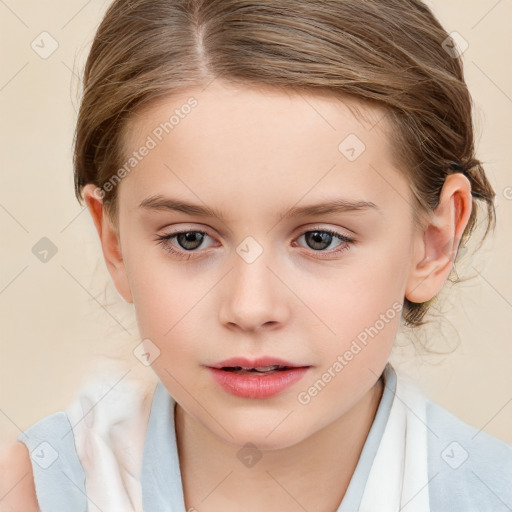 Joyful white child female with medium  brown hair and blue eyes