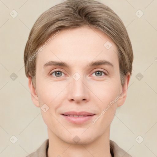 Joyful white young-adult female with short  brown hair and grey eyes