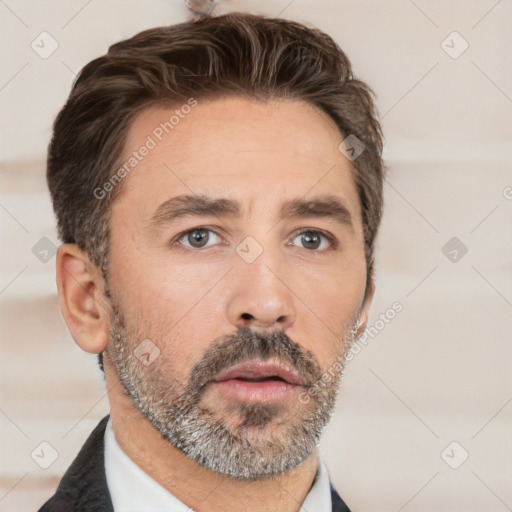 Neutral white adult male with short  brown hair and brown eyes