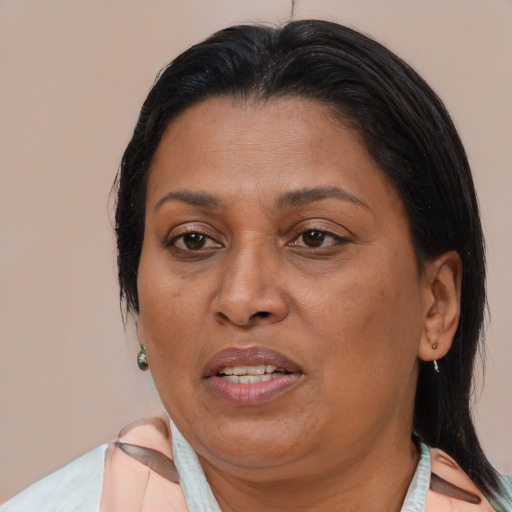 Joyful black adult female with medium  brown hair and brown eyes