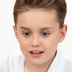 Joyful white child female with short  brown hair and brown eyes