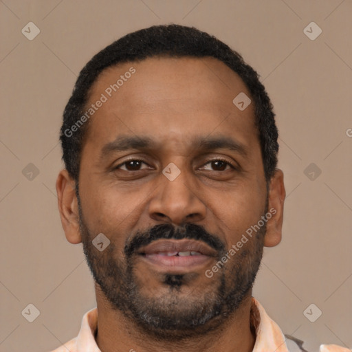 Neutral latino adult male with short  black hair and brown eyes