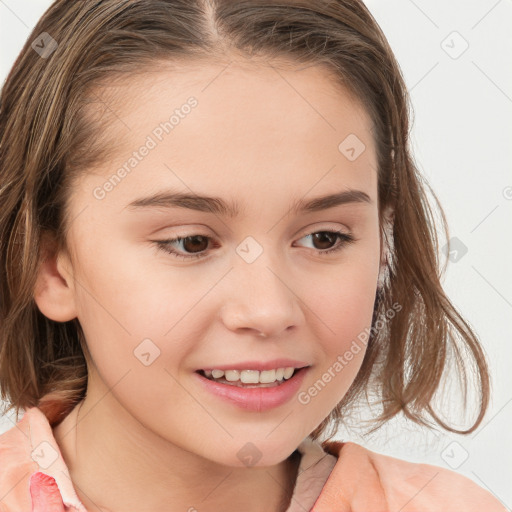 Joyful white child female with medium  brown hair and brown eyes