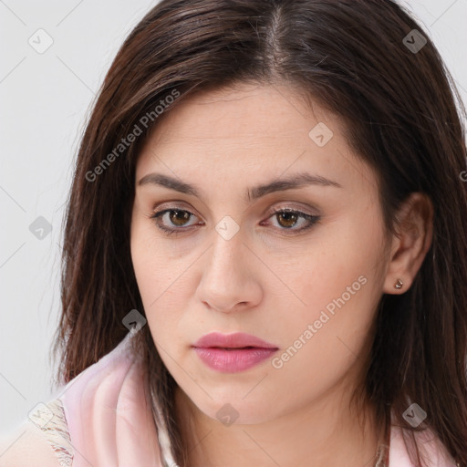 Neutral white young-adult female with long  brown hair and brown eyes