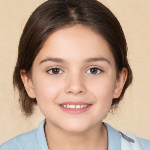 Joyful white child female with medium  brown hair and brown eyes