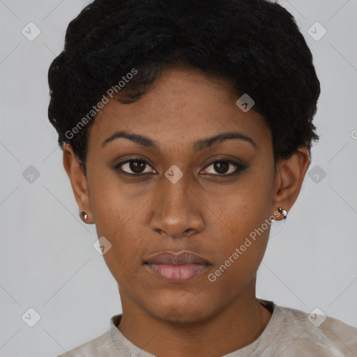 Neutral latino young-adult female with short  black hair and brown eyes