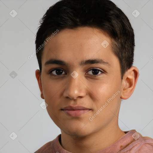 Neutral latino young-adult male with short  black hair and brown eyes