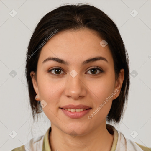 Joyful white young-adult female with medium  brown hair and brown eyes