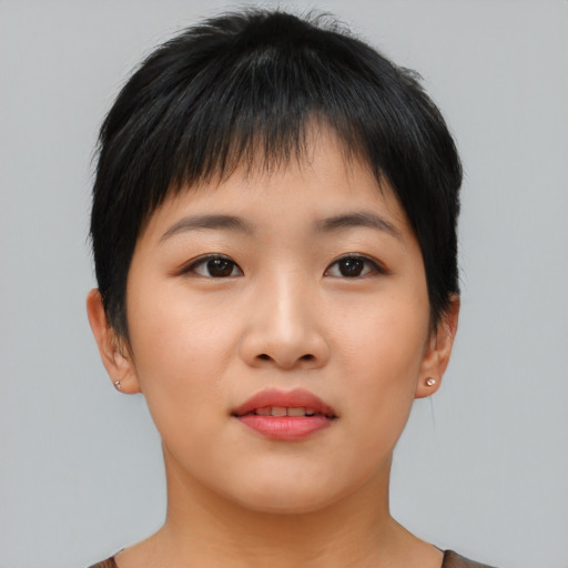 Neutral asian young-adult female with short  brown hair and brown eyes