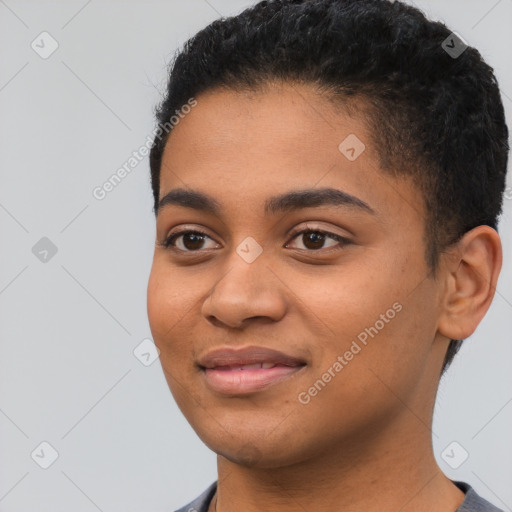 Joyful latino young-adult female with short  black hair and brown eyes