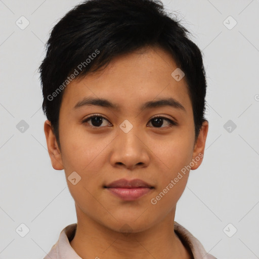 Joyful asian young-adult female with short  brown hair and brown eyes