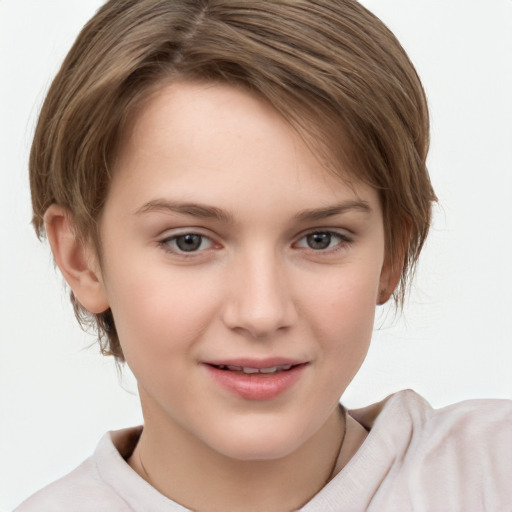 Joyful white child female with medium  brown hair and brown eyes