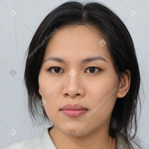 Neutral asian young-adult female with medium  brown hair and brown eyes