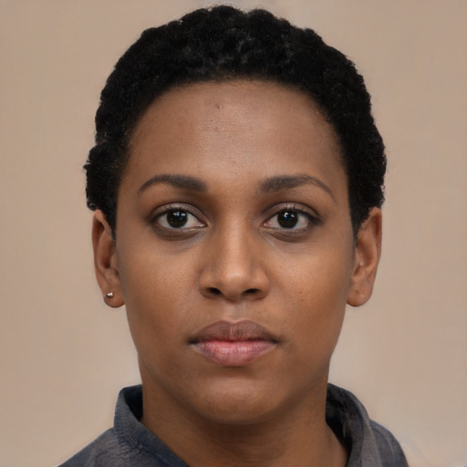 Neutral black young-adult female with short  black hair and brown eyes