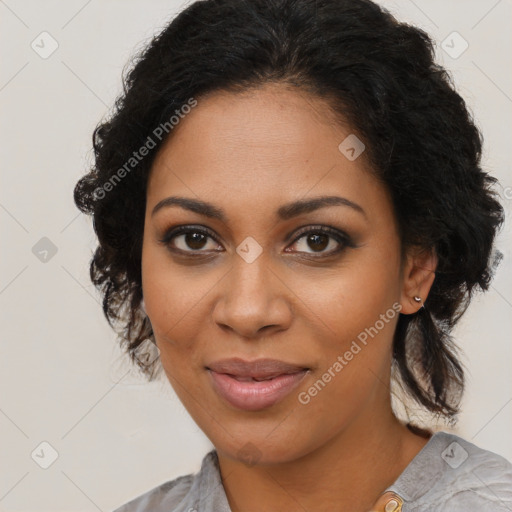 Joyful black young-adult female with medium  brown hair and brown eyes