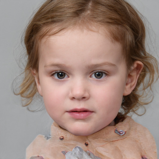 Neutral white child female with medium  brown hair and blue eyes