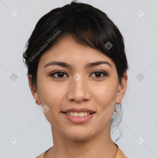 Joyful asian young-adult female with short  brown hair and brown eyes