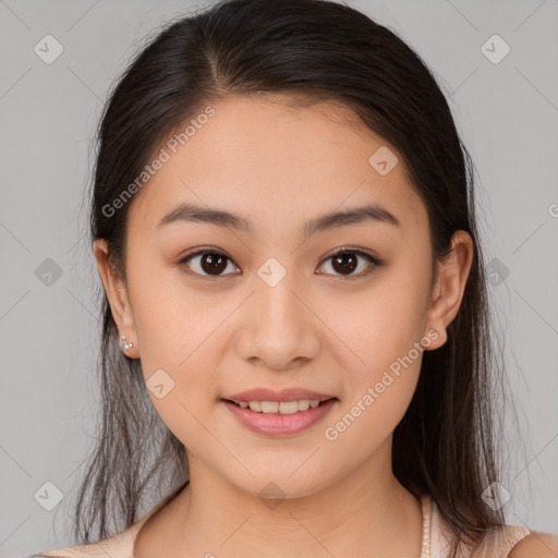 Joyful white young-adult female with medium  brown hair and brown eyes