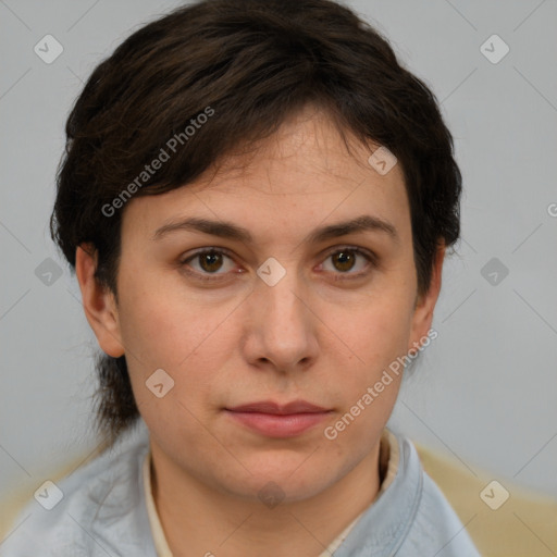 Neutral white young-adult female with medium  brown hair and brown eyes