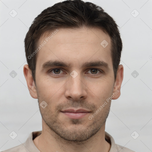 Neutral white young-adult male with short  brown hair and brown eyes