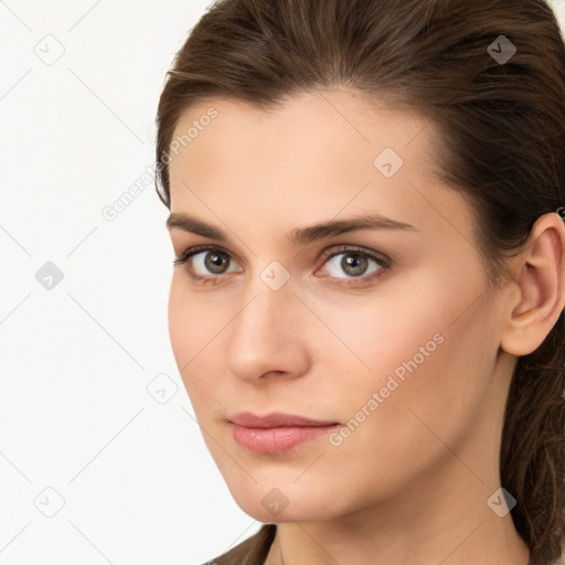 Neutral white young-adult female with medium  brown hair and brown eyes