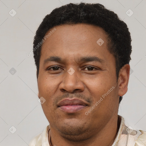 Neutral latino adult male with short  black hair and brown eyes
