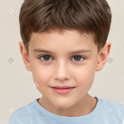 Joyful white child male with short  brown hair and brown eyes