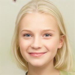 Joyful white child female with medium  brown hair and blue eyes