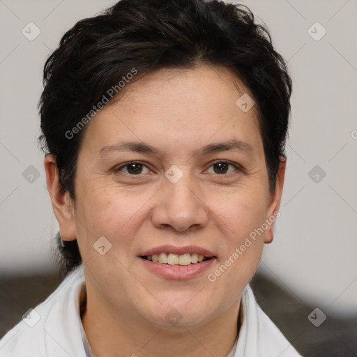 Joyful white adult female with short  brown hair and brown eyes