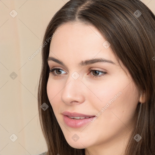 Neutral white young-adult female with long  brown hair and brown eyes