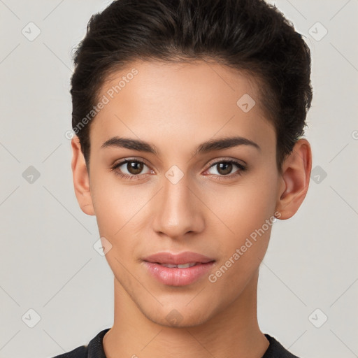 Joyful white young-adult female with short  brown hair and brown eyes