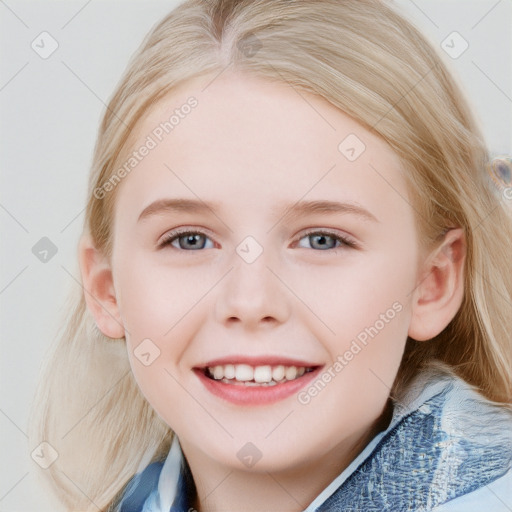 Joyful white child female with medium  brown hair and blue eyes